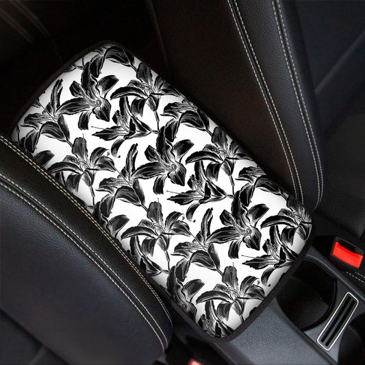 White And Black Lily Pattern Print Car Center Console Cover