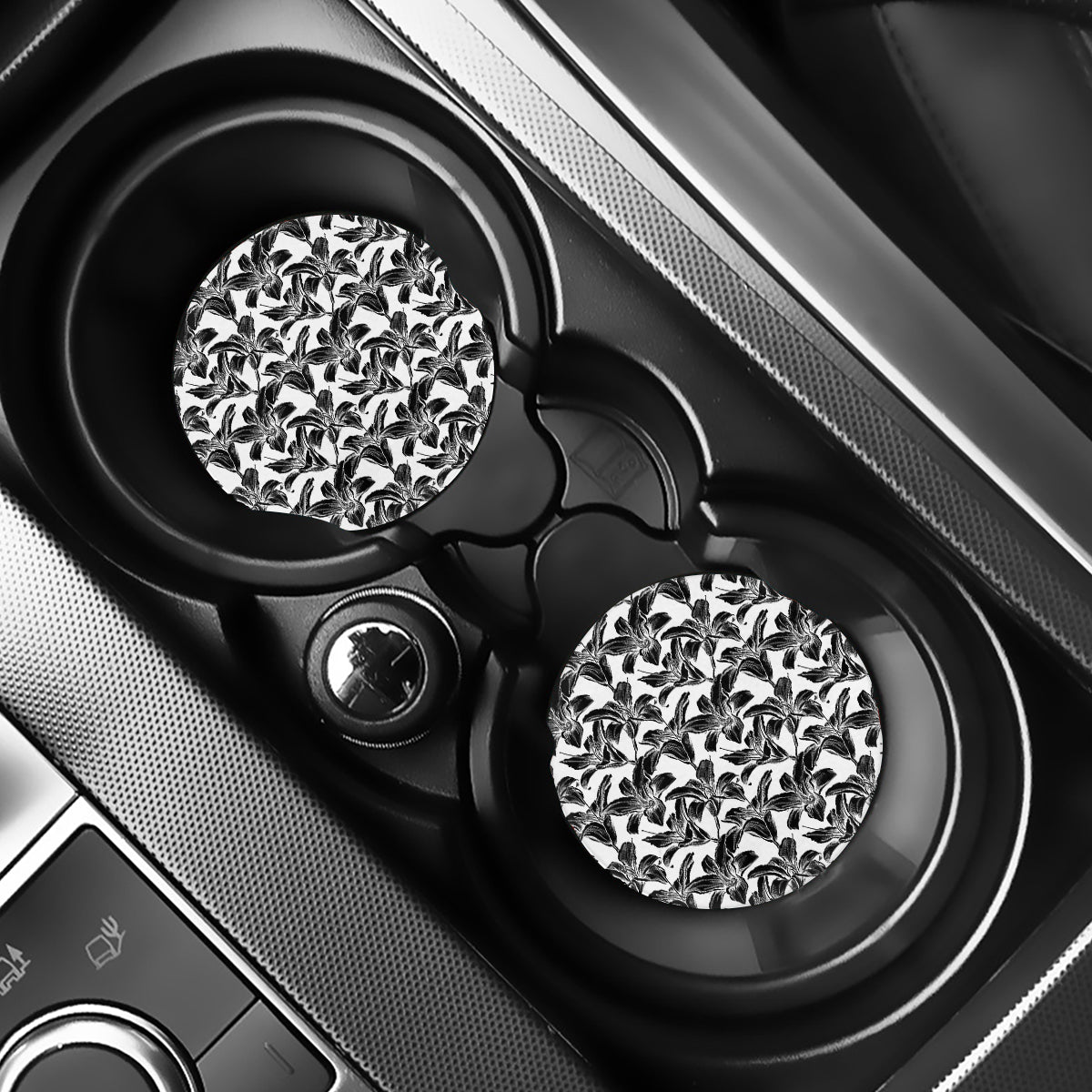 White And Black Lily Pattern Print Car Coasters