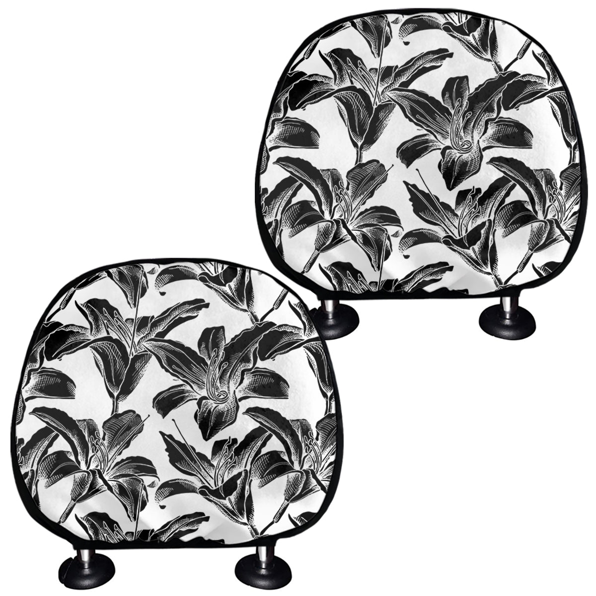 White And Black Lily Pattern Print Car Headrest Covers