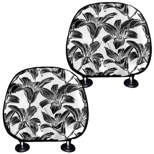 White And Black Lily Pattern Print Car Headrest Covers