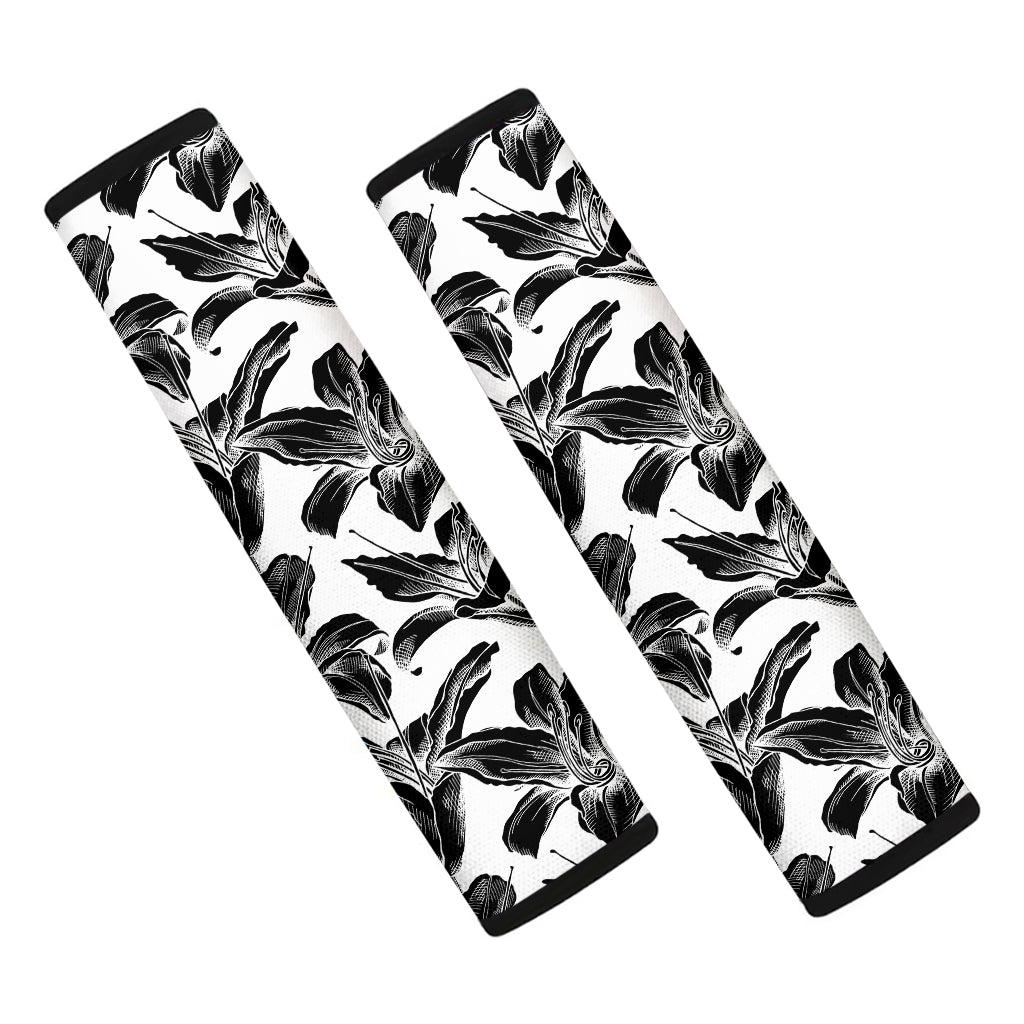 White And Black Lily Pattern Print Car Seat Belt Covers