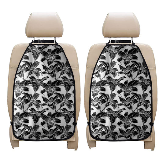 White And Black Lily Pattern Print Car Seat Organizers