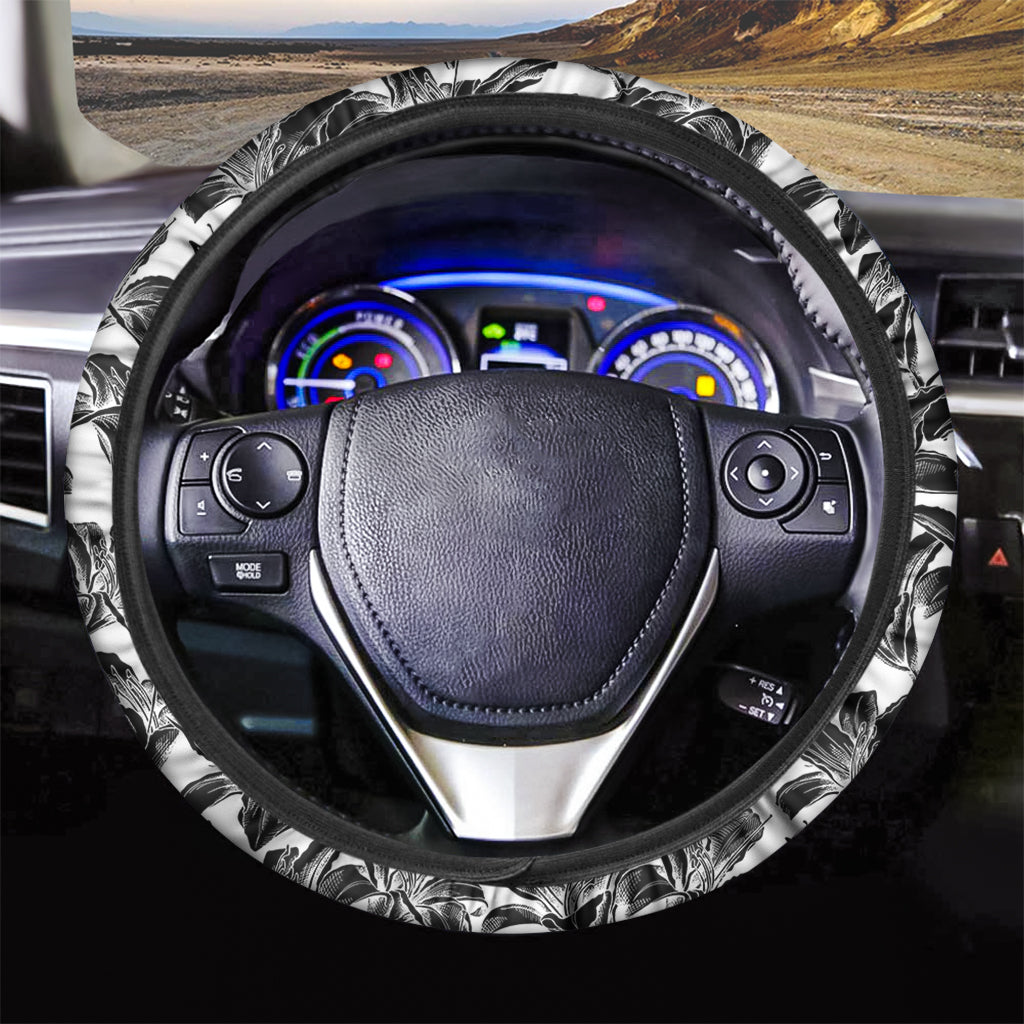 White And Black Lily Pattern Print Car Steering Wheel Cover