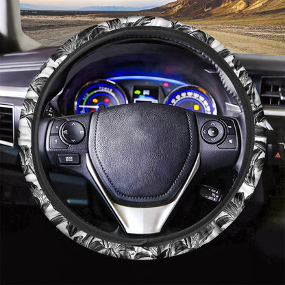 White And Black Lily Pattern Print Car Steering Wheel Cover