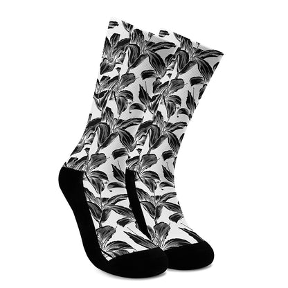 White And Black Lily Pattern Print Crew Socks