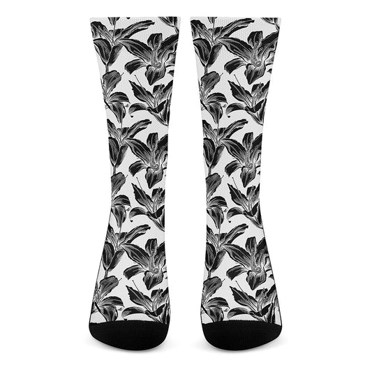 White And Black Lily Pattern Print Crew Socks