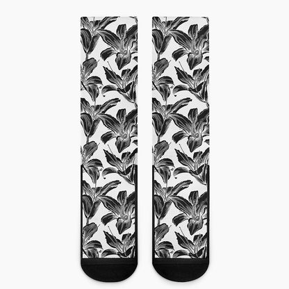 White And Black Lily Pattern Print Crew Socks