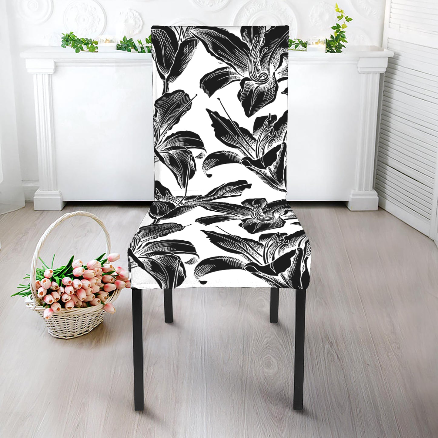White And Black Lily Pattern Print Dining Chair Slipcover
