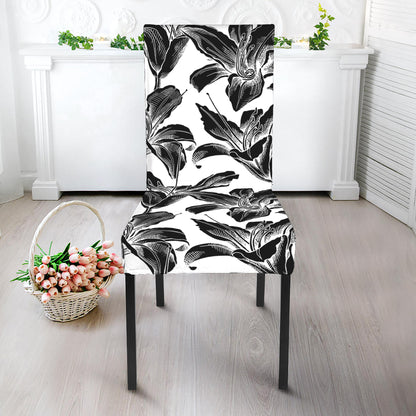 White And Black Lily Pattern Print Dining Chair Slipcover