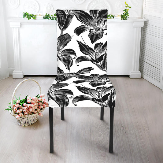 White And Black Lily Pattern Print Dining Chair Slipcover