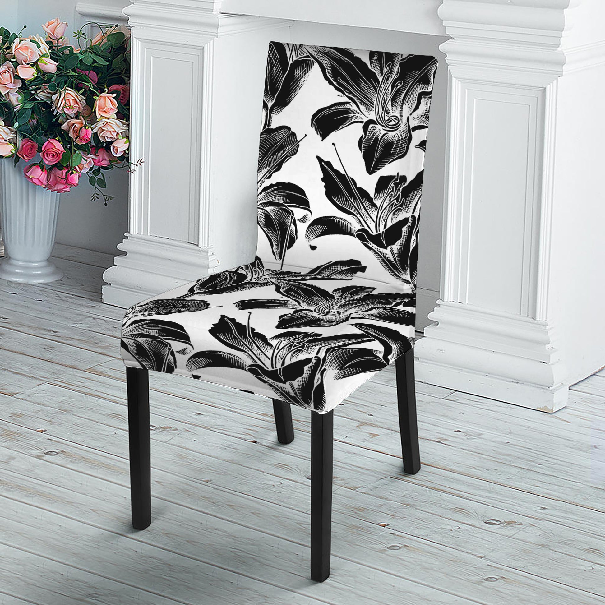 White And Black Lily Pattern Print Dining Chair Slipcover
