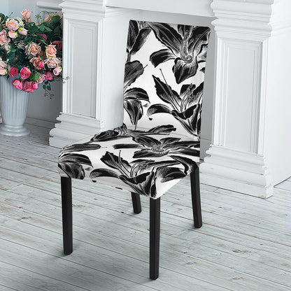White And Black Lily Pattern Print Dining Chair Slipcover