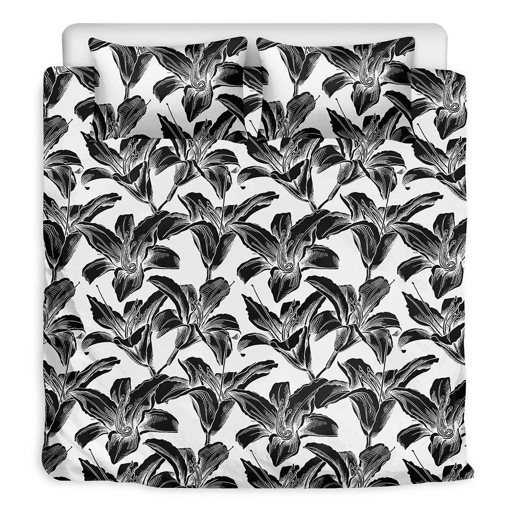 White And Black Lily Pattern Print Duvet Cover Bedding Set