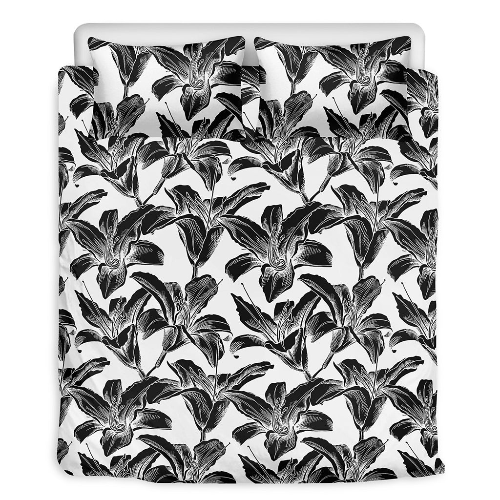 White And Black Lily Pattern Print Duvet Cover Bedding Set