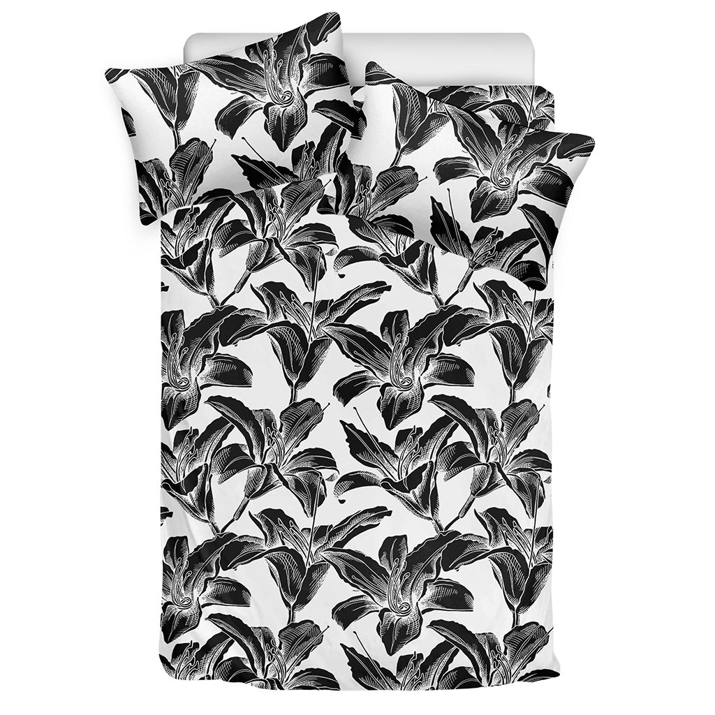 White And Black Lily Pattern Print Duvet Cover Bedding Set