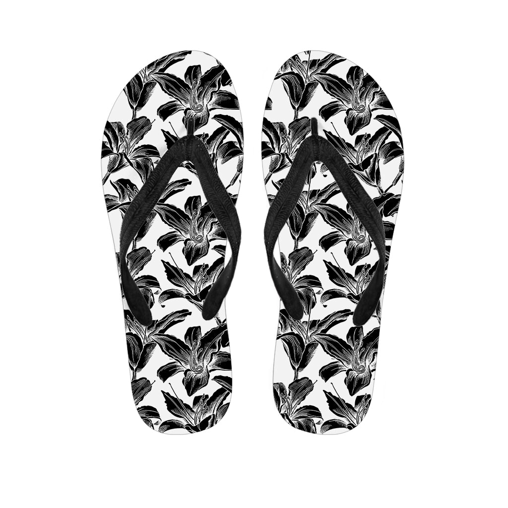 White And Black Lily Pattern Print Flip Flops