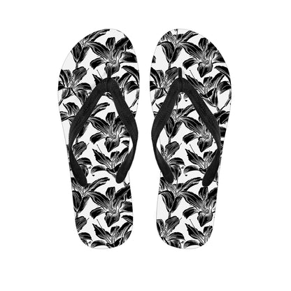 White And Black Lily Pattern Print Flip Flops