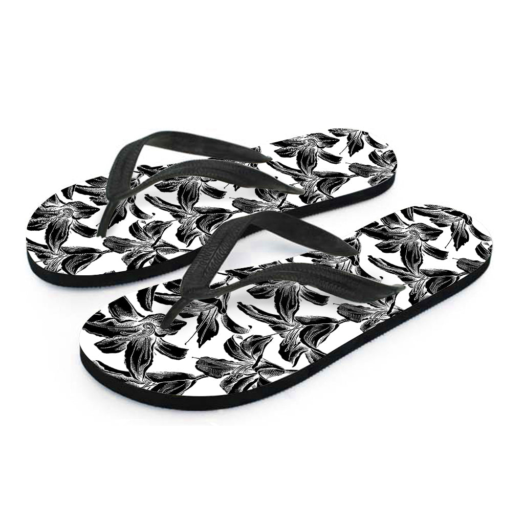White And Black Lily Pattern Print Flip Flops