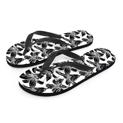 White And Black Lily Pattern Print Flip Flops