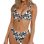 White And Black Lily Pattern Print Front Bow Tie Bikini