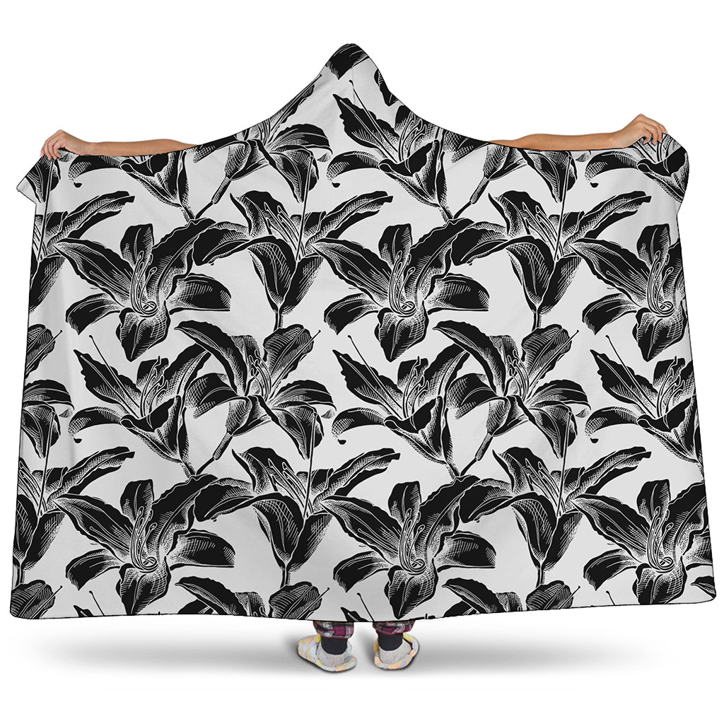 White And Black Lily Pattern Print Hooded Blanket