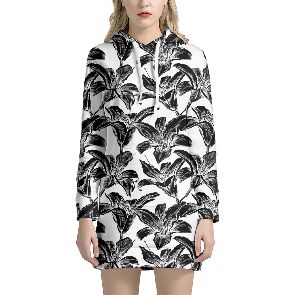 White And Black Lily Pattern Print Hoodie Dress