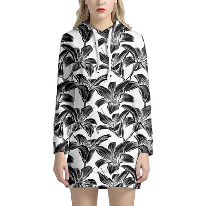 White And Black Lily Pattern Print Hoodie Dress