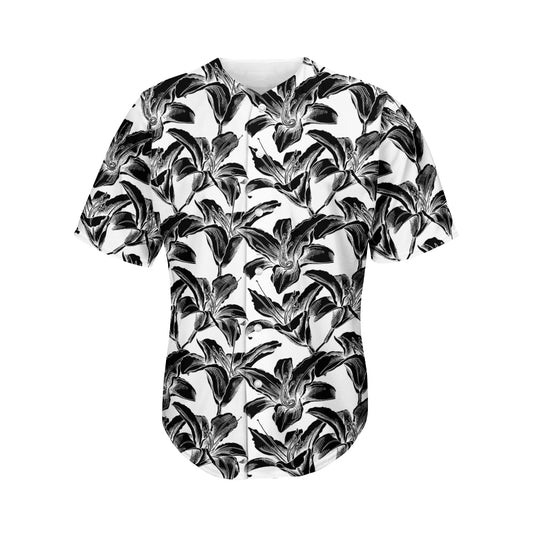 White And Black Lily Pattern Print Men's Baseball Jersey