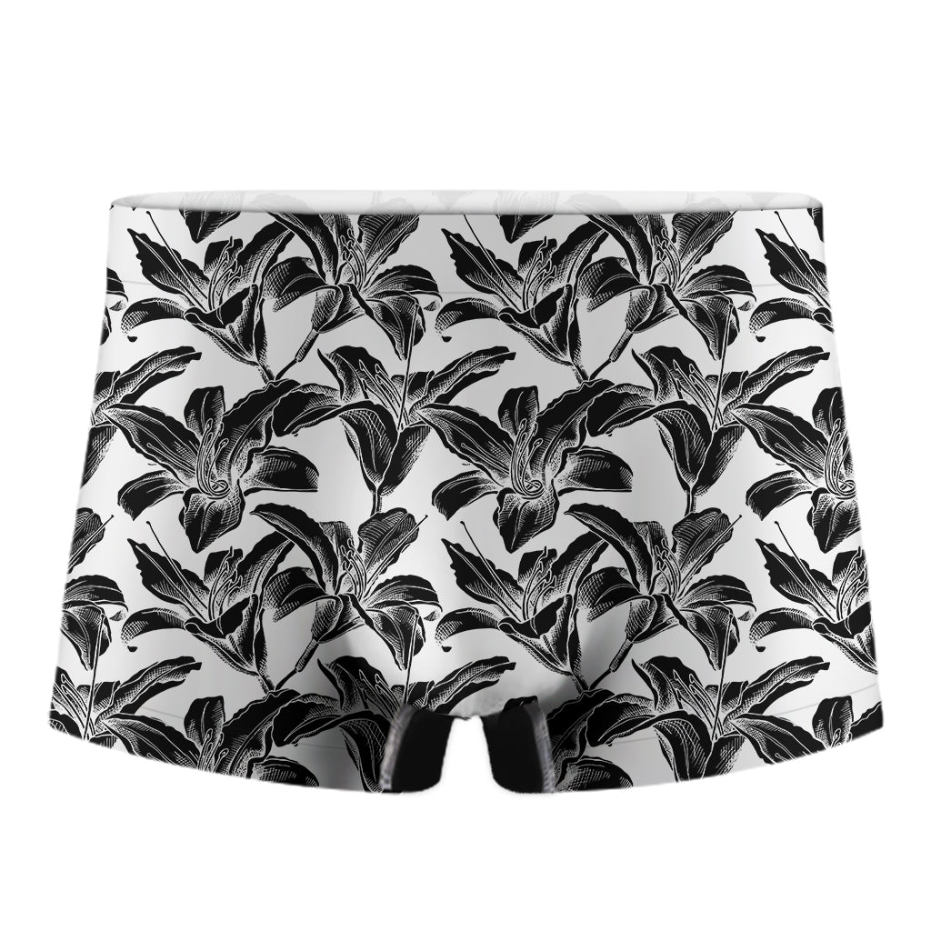 White And Black Lily Pattern Print Men's Boxer Briefs