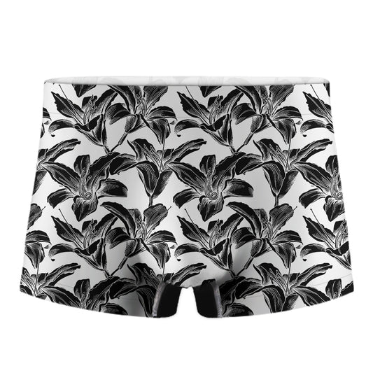 White And Black Lily Pattern Print Men's Boxer Briefs