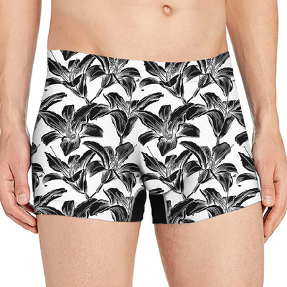 White And Black Lily Pattern Print Men's Boxer Briefs