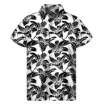 White And Black Lily Pattern Print Men's Short Sleeve Shirt