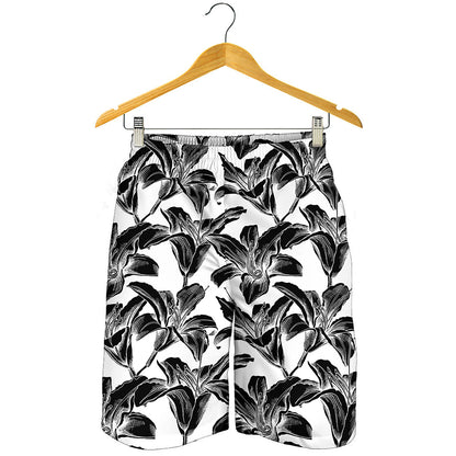 White And Black Lily Pattern Print Men's Shorts