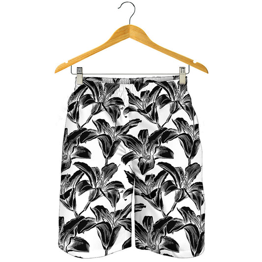 White And Black Lily Pattern Print Men's Shorts