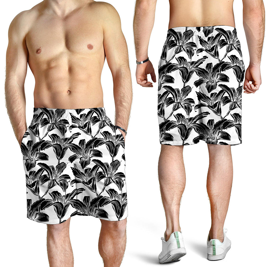 White And Black Lily Pattern Print Men's Shorts