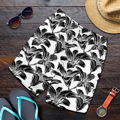 White And Black Lily Pattern Print Men's Shorts