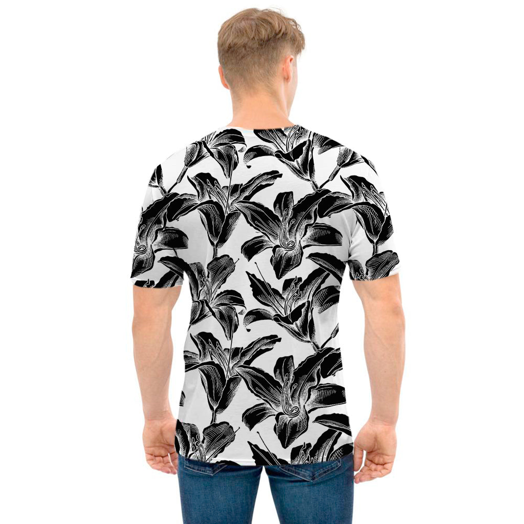 White And Black Lily Pattern Print Men's T-Shirt
