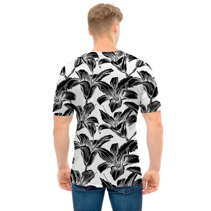 White And Black Lily Pattern Print Men's T-Shirt