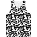 White And Black Lily Pattern Print Men's Tank Top