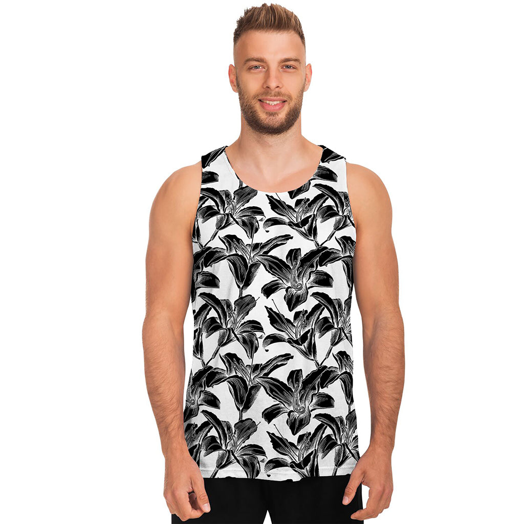 White And Black Lily Pattern Print Men's Tank Top