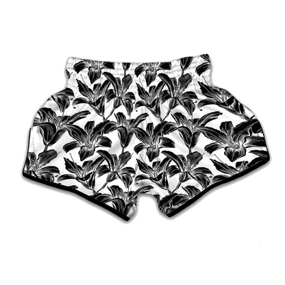 White And Black Lily Pattern Print Muay Thai Boxing Shorts