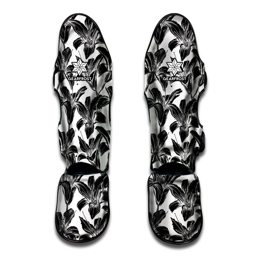 White And Black Lily Pattern Print Muay Thai Shin Guard
