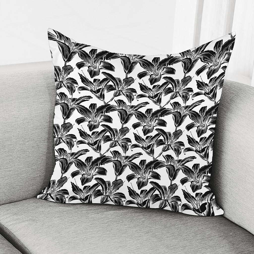 White And Black Lily Pattern Print Pillow Cover