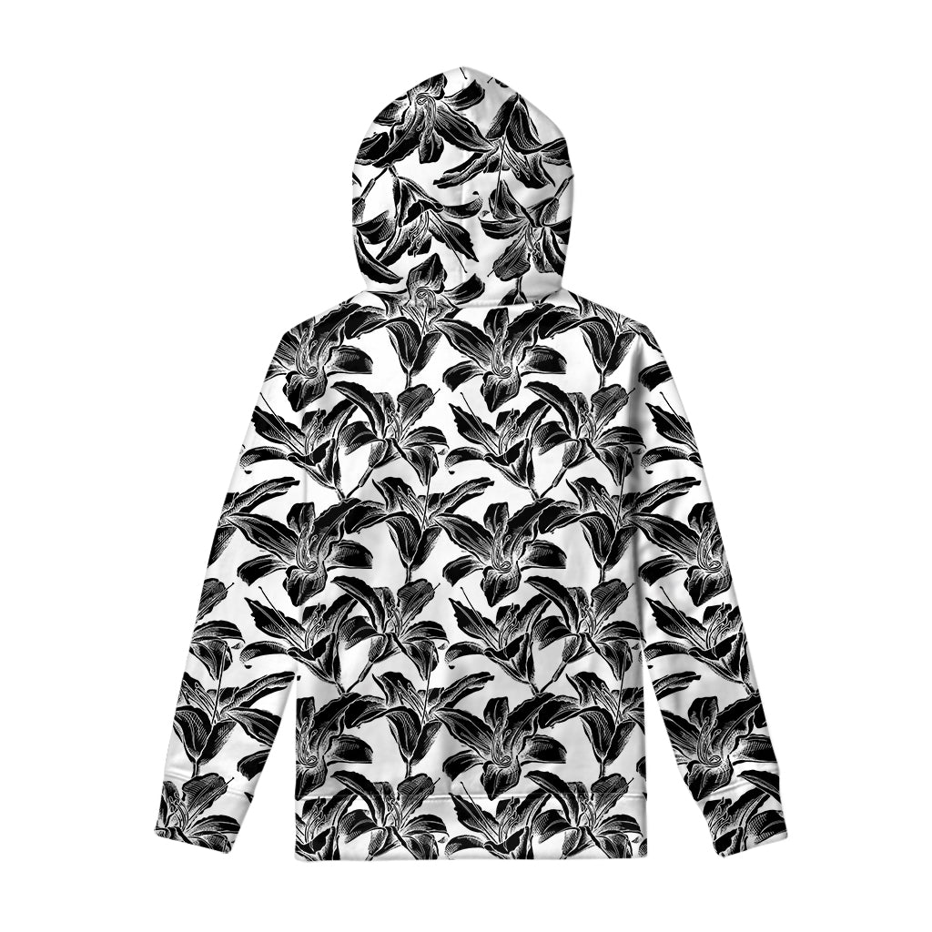 White And Black Lily Pattern Print Pullover Hoodie