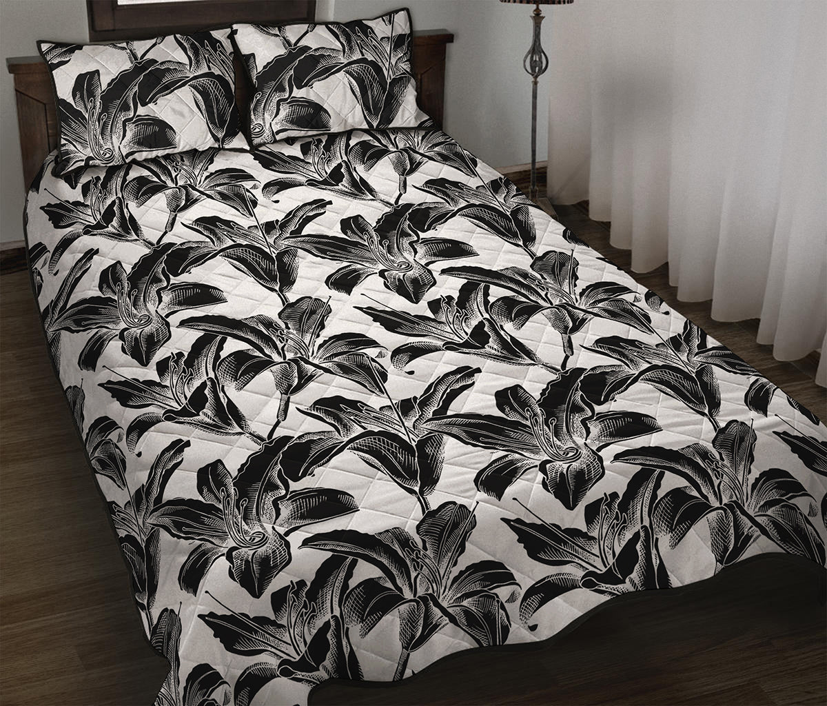 White And Black Lily Pattern Print Quilt Bed Set
