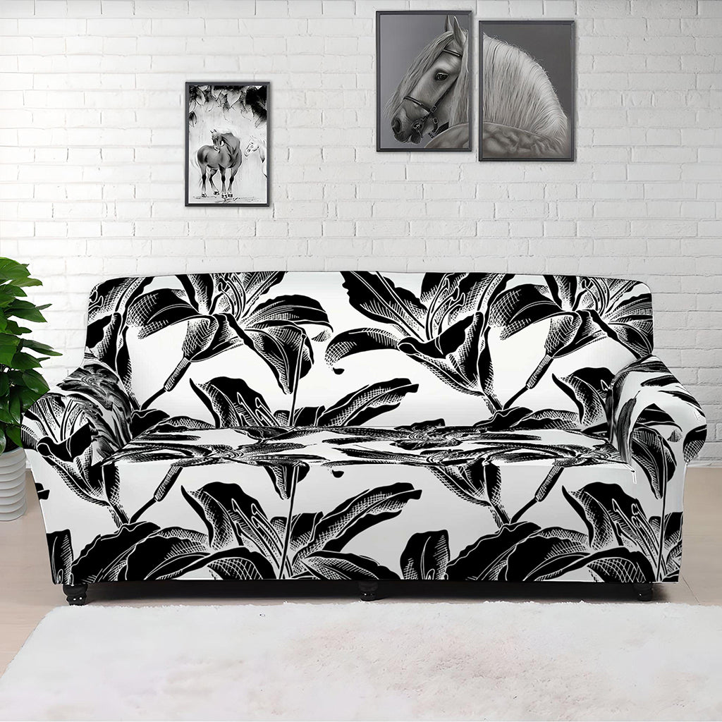 White And Black Lily Pattern Print Sofa Cover