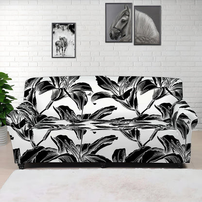 White And Black Lily Pattern Print Sofa Cover