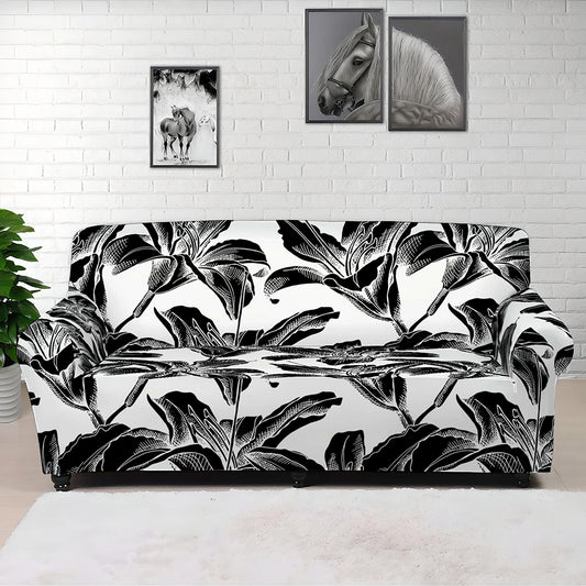 White And Black Lily Pattern Print Sofa Cover