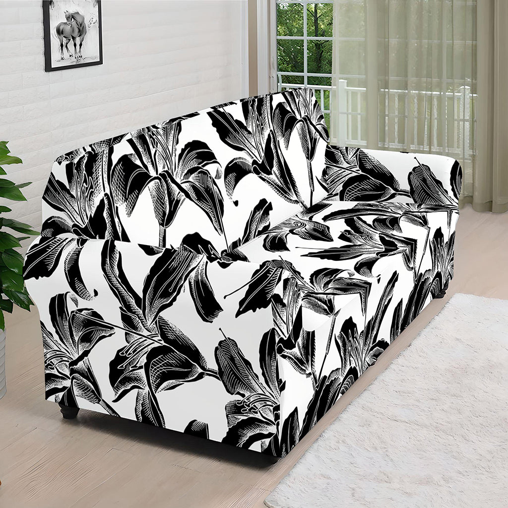 White And Black Lily Pattern Print Sofa Cover