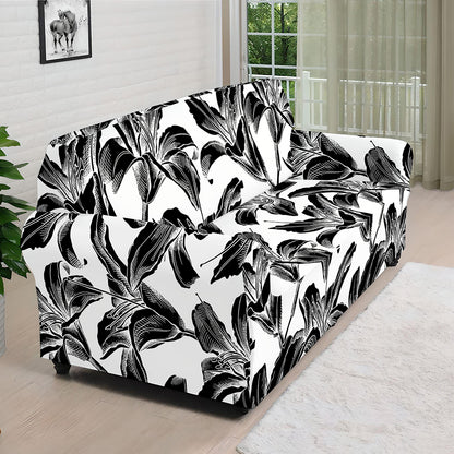 White And Black Lily Pattern Print Sofa Cover